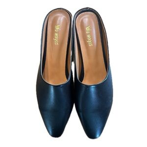 Wo Wagas Black Mules Low Wedge Heel Slippers Square Toe Slip On Shoe